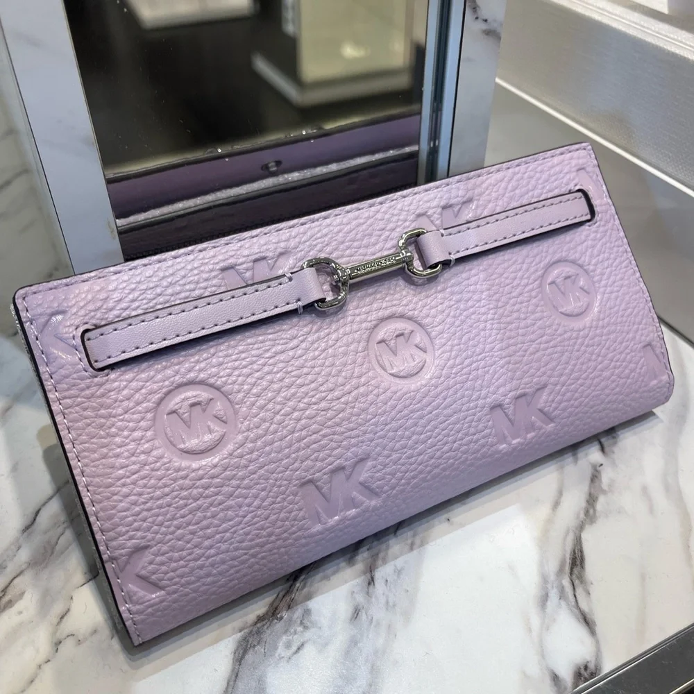 MICHAEL KORS Carson Large Logo Debossed Snap Wallet Light Quartz  NWT